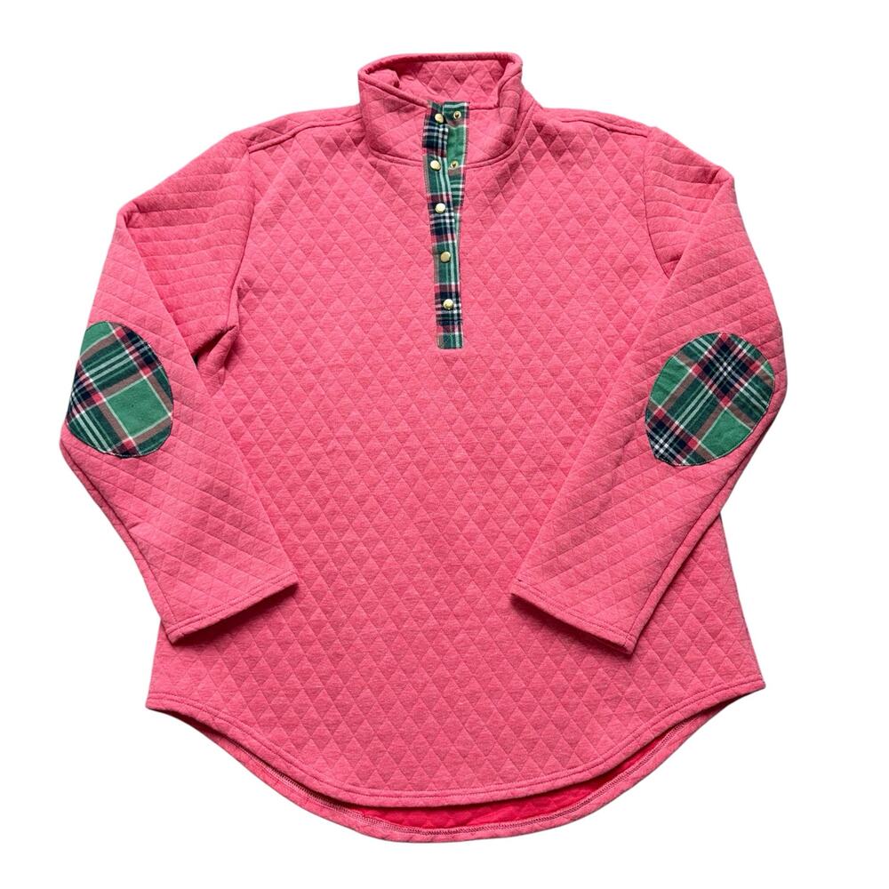 NEW Boutique Long Sleeve Pink Quilted 3/4 Snap Pullover Plaid Elbow Patch XL